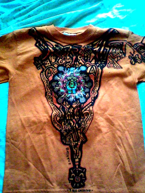 Hand painted shirt with transfer print.